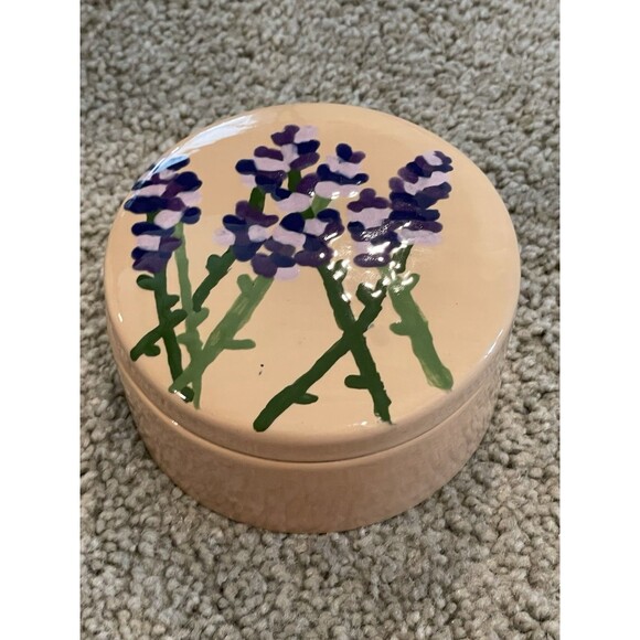 Vintage Hand painted Lidded Trinket‎ Dish Tall Purple Flowers - Picture 1 of 7